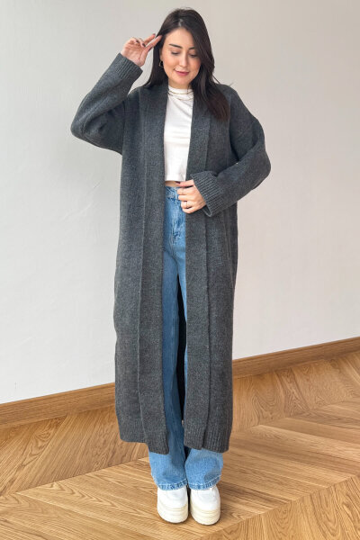 TRK-2066 Füme Oversize Çelik Örme Uzun Hırka 