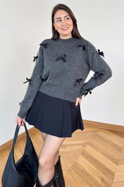TRK-24305 Füme Kurdele Detaylı Soft Triko Kazak 