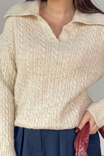 TRK-2510 Bej Geniş Polo Yaka Saç Örgü Desen Oversize Triko Kazak - 3