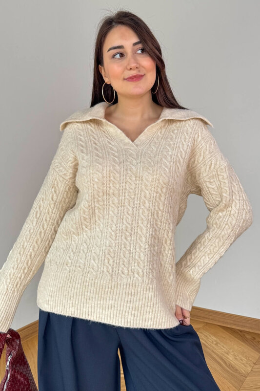 TRK-2510 Bej Geniş Polo Yaka Saç Örgü Desen Oversize Triko Kazak - 4