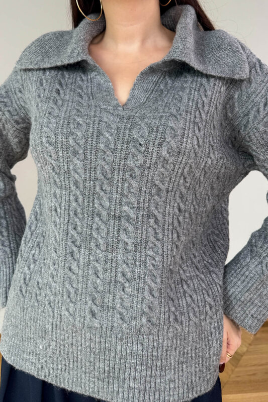 TRK-2510 Gri Geniş Polo Yaka Saç Örgü Desen Oversize Triko Kazak - 3