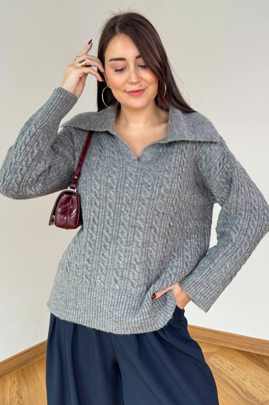 TRK-2510 Gri Geniş Polo Yaka Saç Örgü Desen Oversize Triko Kazak - 5
