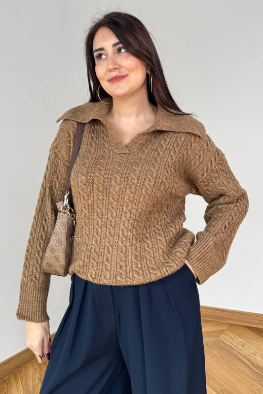 TRK-2510 Vizon Geniş Polo Yaka Saç Örgü Desen Oversize Triko Kazak - 2