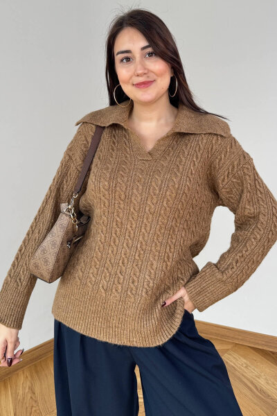 TRK-2510 Vizon Geniş Polo Yaka Saç Örgü Desen Oversize Triko Kazak - 3