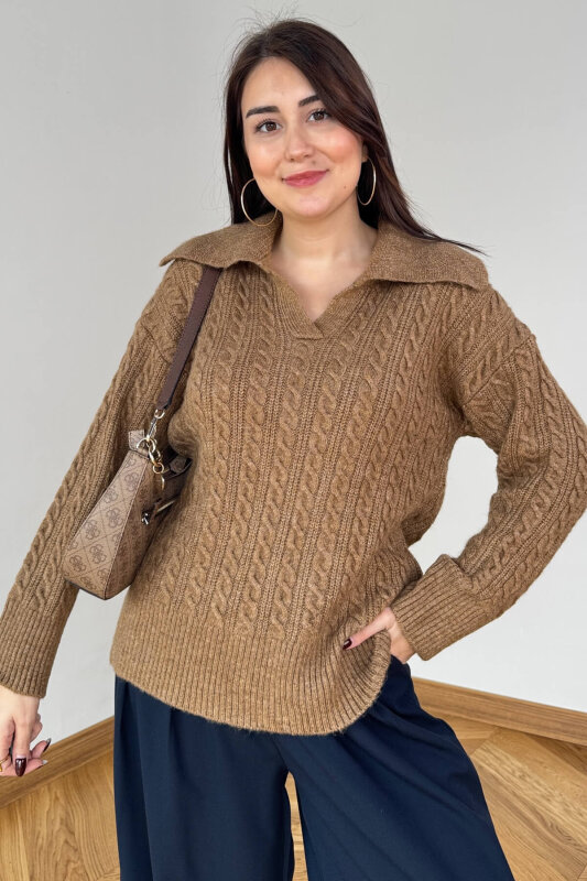 TRK-2510 Vizon Geniş Polo Yaka Saç Örgü Desen Oversize Triko Kazak - 3