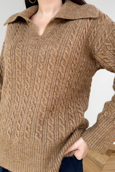 TRK-2510 Vizon Geniş Polo Yaka Saç Örgü Desen Oversize Triko Kazak - 4