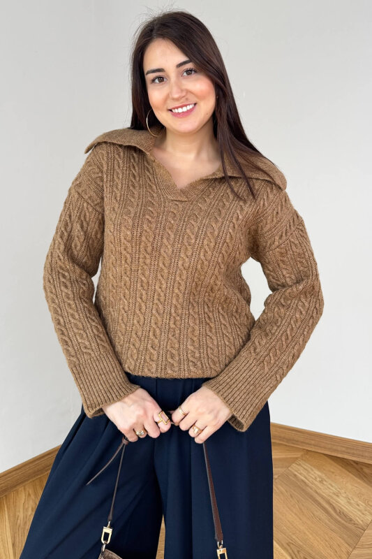 TRK-2510 Vizon Geniş Polo Yaka Saç Örgü Desen Oversize Triko Kazak - 6