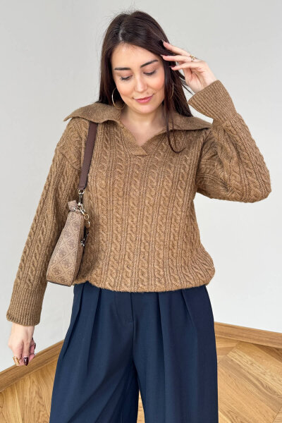 TRK-2510 Vizon Geniş Polo Yaka Saç Örgü Desen Oversize Triko Kazak 