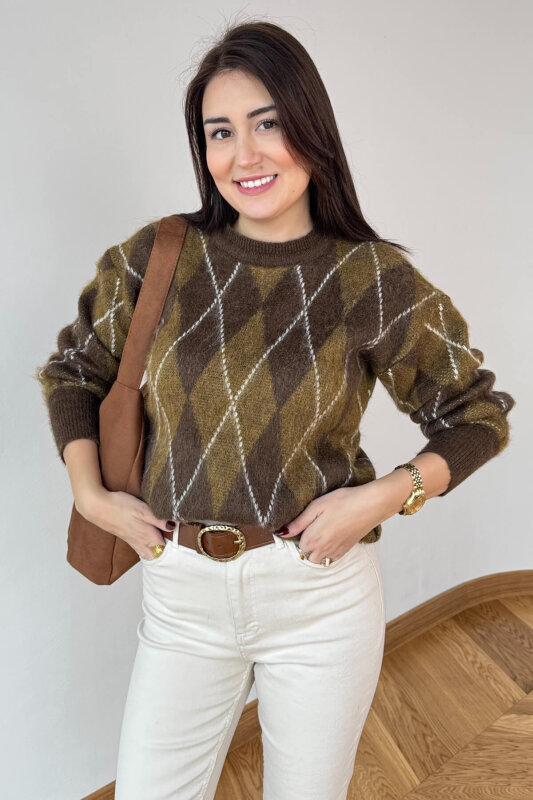 TRK-2777 Haki Baklava Desen Oversize Triko Kazak - 3