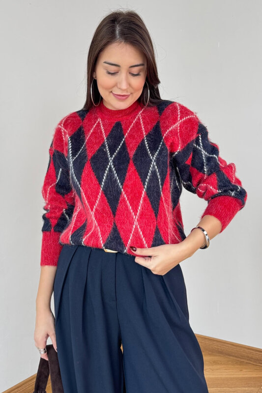 TRK-2777 Kırmızı Baklava Desen Oversize Triko Kazak - 2