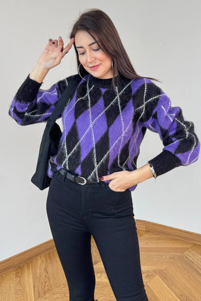 TRK-2777 Mor Baklava Desen Oversize Triko Kazak 