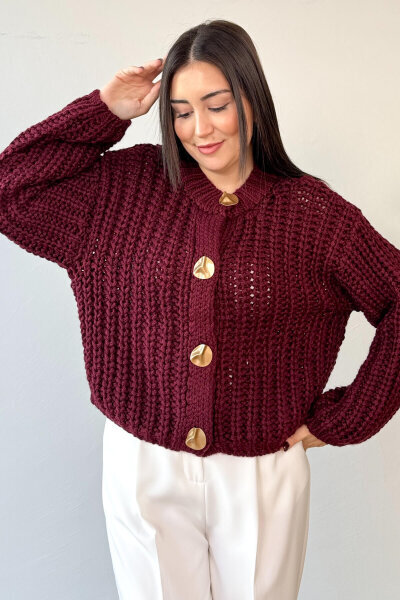 TRK-3086 Bordo Kalın Örgü Kumaş Gold Düğmeli Oversize Hırka - 5