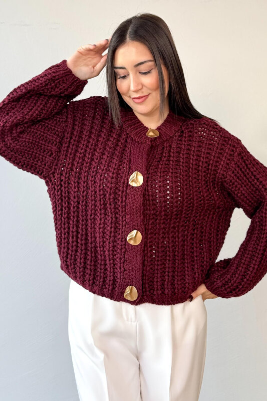 TRK-3086 Bordo Kalın Örgü Kumaş Gold Düğmeli Oversize Hırka - 5