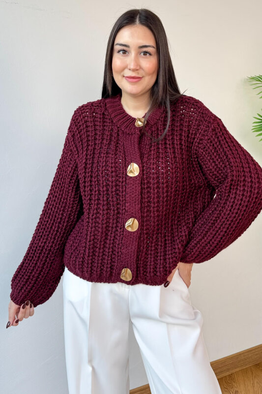 TRK-3086 Bordo Kalın Örgü Kumaş Gold Düğmeli Oversize Hırka - 6
