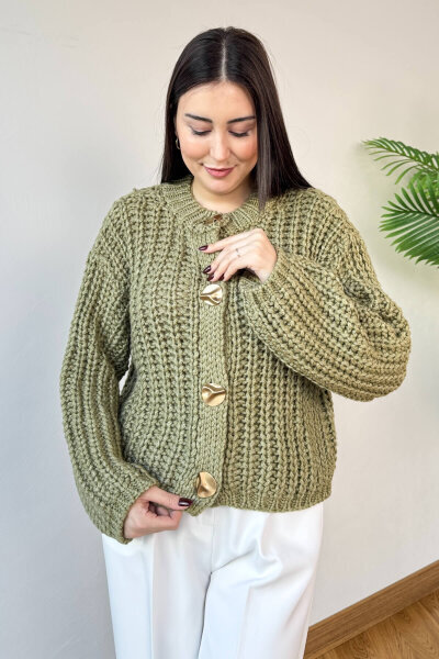 TRK-3086 Mint Kalın Örgü Kumaş Gold Düğmeli Oversize Hırka 
