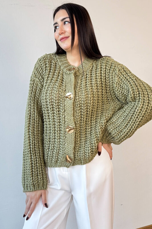 TRK-3086 Mint Kalın Örgü Kumaş Gold Düğmeli Oversize Hırka - 2