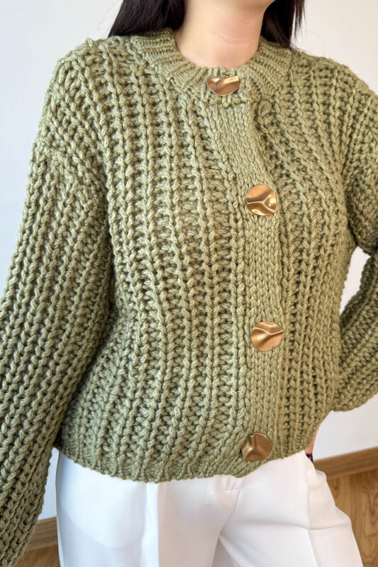 TRK-3086 Mint Kalın Örgü Kumaş Gold Düğmeli Oversize Hırka - 3