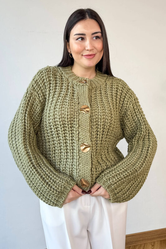 TRK-3086 Mint Kalın Örgü Kumaş Gold Düğmeli Oversize Hırka - 4