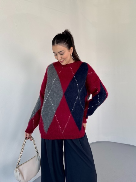 TRK-3544 Bordo Renk Bloklu Sakallı Oversize Triko Kazak 