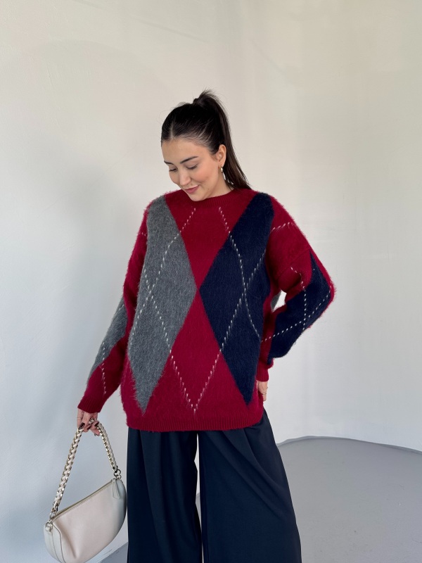 TRK-3544 Bordo Renk Bloklu Sakallı Oversize Triko Kazak - 1