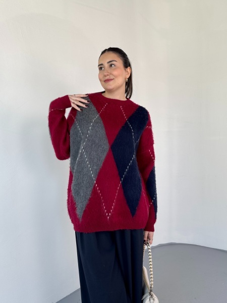 TRK-3544 Bordo Renk Bloklu Sakallı Oversize Triko Kazak - 3