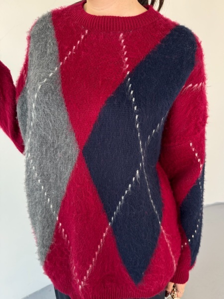 TRK-3544 Bordo Renk Bloklu Sakallı Oversize Triko Kazak - 2