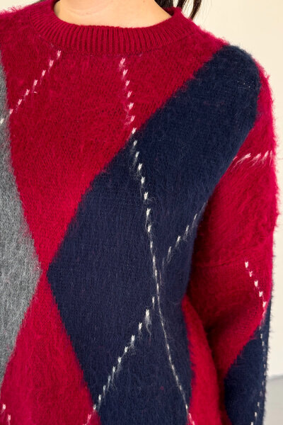 TRK-3544 Bordo Renk Bloklu Sakallı Oversize Triko Kazak - Cappmoda (1)