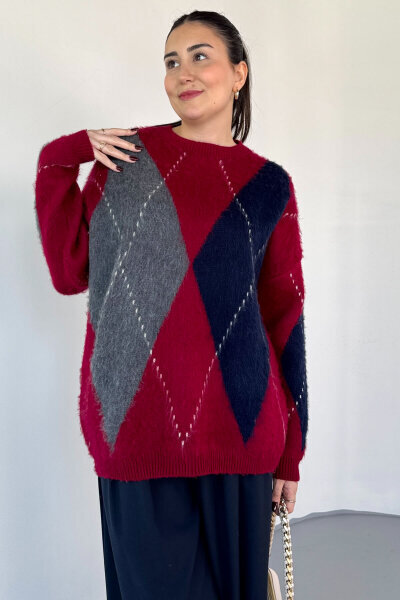 TRK-3544 Bordo Renk Bloklu Sakallı Oversize Triko Kazak 
