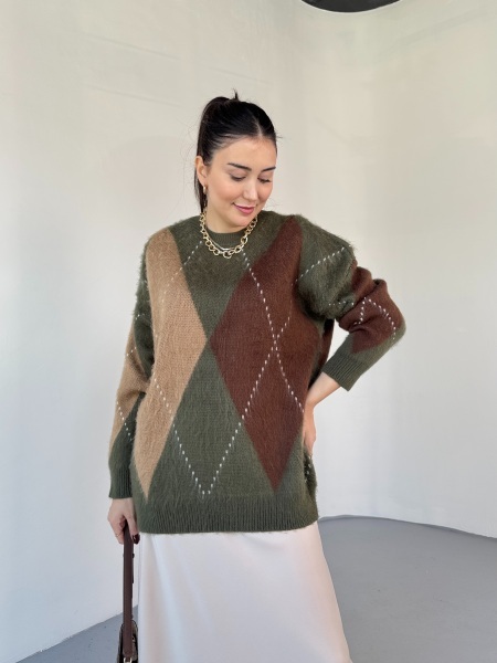 TRK-3544 Haki Renk Bloklu Sakallı Oversize Triko Kazak - 1