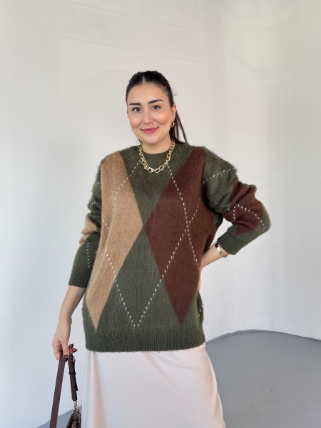 TRK-3544 Haki Renk Bloklu Sakallı Oversize Triko Kazak - 4