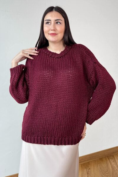 TRK-3817 Bordo Kalın El Örgü Kumaş Bisiklet Yaka Oversize Kazak 