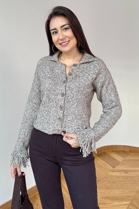 TRK-3838 Vizon Püskül Kol Polo Yaka Düğmeli Yumuşak Dokulu Hırka - 1