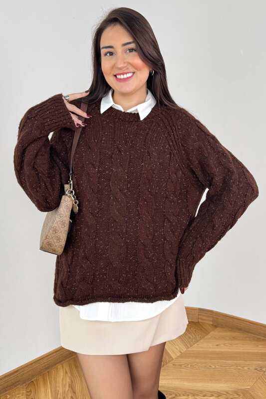 TRK-3867 Acı Kahve Desenli Dokulu Cozy Triko Kazak - 3