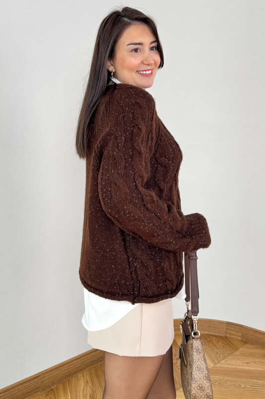 TRK-3867 Acı Kahve Desenli Dokulu Cozy Triko Kazak - 2