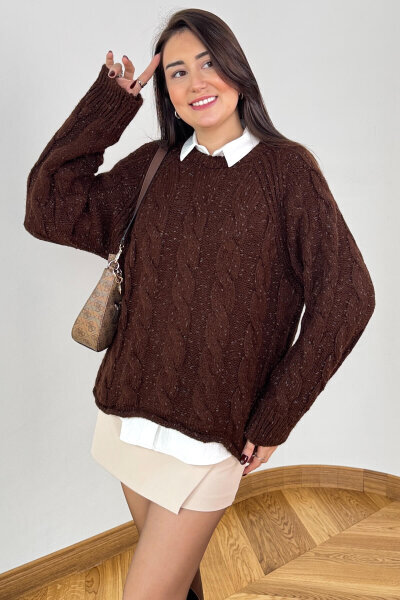 TRK-3867 Acı Kahve Desenli Dokulu Cozy Triko Kazak - 1