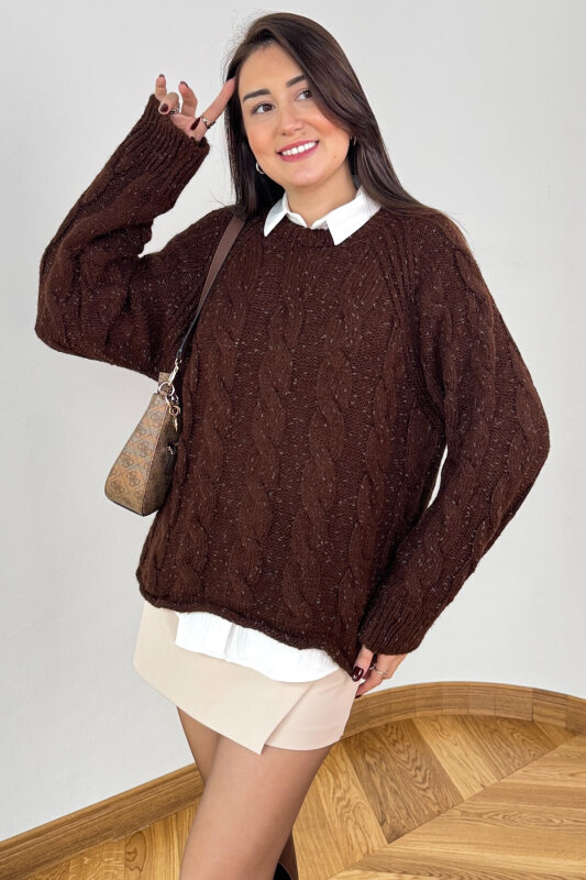 TRK-3867 Acı Kahve Desenli Dokulu Cozy Triko Kazak - 1