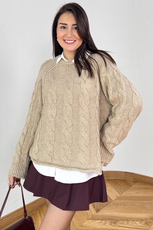 TRK-3867 Krem Desenli Dokulu Cozy Triko Kazak - 4