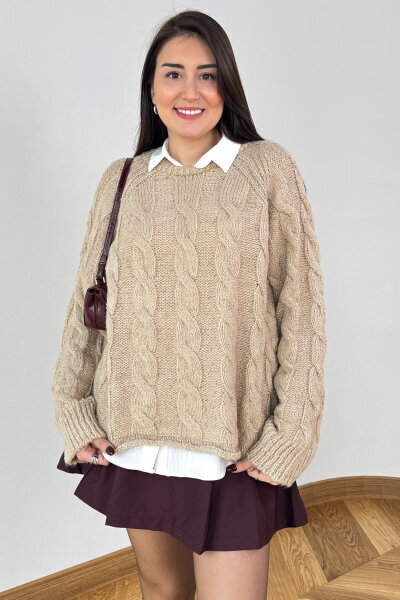 TRK-3867 Krem Desenli Dokulu Cozy Triko Kazak - 5