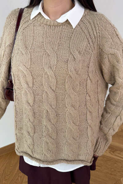 TRK-3867 Krem Desenli Dokulu Cozy Triko Kazak - 6