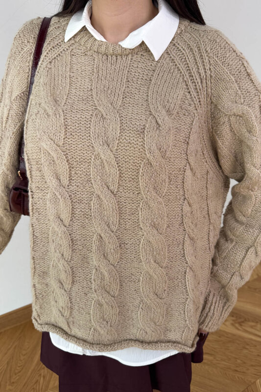 TRK-3867 Krem Desenli Dokulu Cozy Triko Kazak - 6