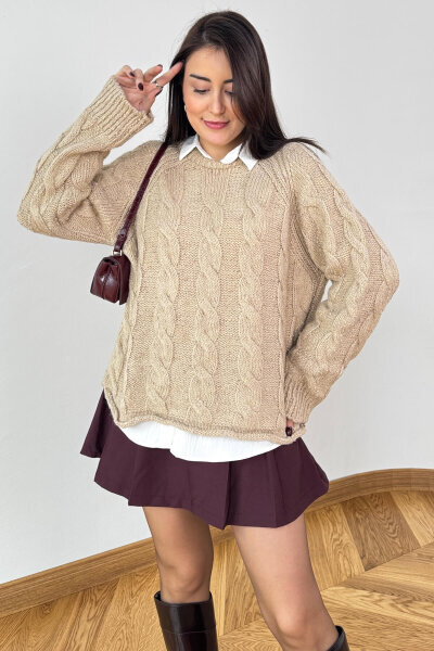 TRK-3867 Krem Desenli Dokulu Cozy Triko Kazak 
