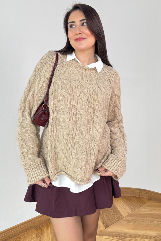 TRK-3867 Krem Desenli Dokulu Cozy Triko Kazak - 2
