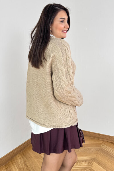 TRK-3867 Krem Desenli Dokulu Cozy Triko Kazak - 3
