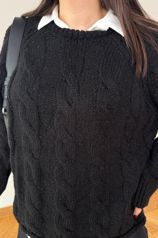 TRK-3867 Siyah Desenli Dokulu Cozy Triko Kazak - 4