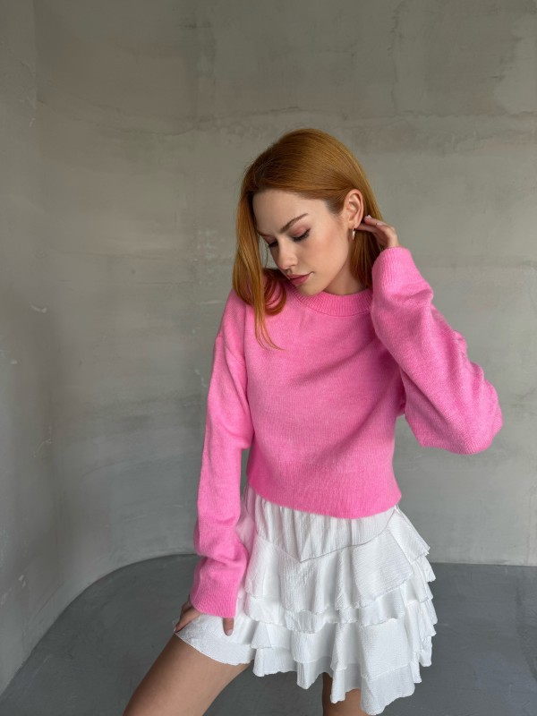 TRK-4429 Pembe Bisiklet Yaka Uzun Kol Örme Triko Bluz - 1
