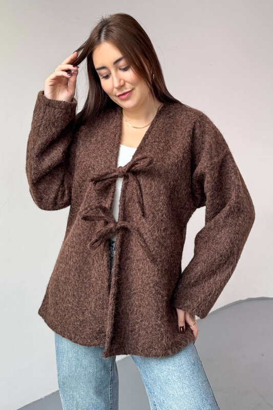 TRK-5316 Kahverengi Sakallı Kırçıllı Bağlama Detaylı Oversize Hırka - 5