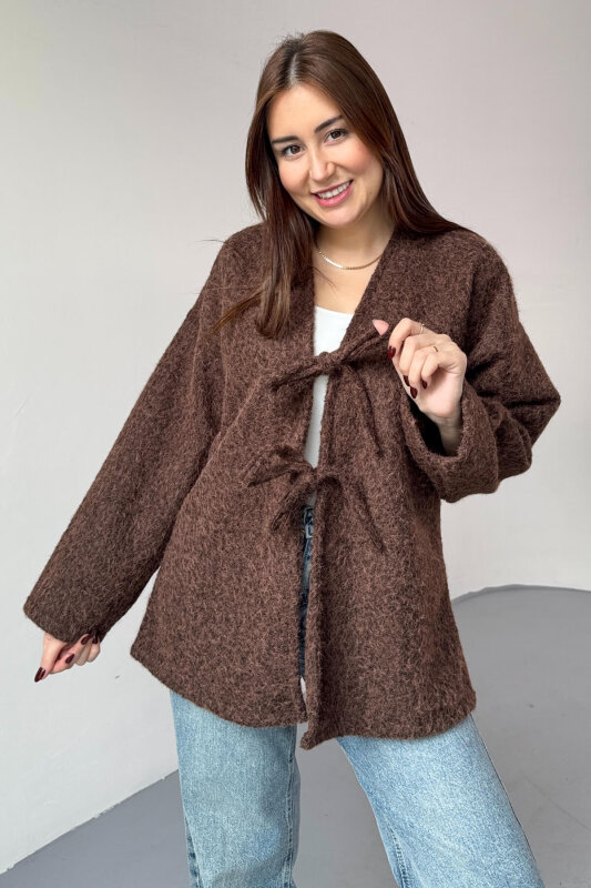 TRK-5316 Kahverengi Sakallı Kırçıllı Bağlama Detaylı Oversize Hırka - 6