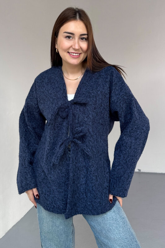 TRK-5316 Lacivert Sakallı Kırçıllı Bağlama Detaylı Oversize Hırka - 2