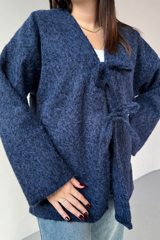TRK-5316 Lacivert Sakallı Kırçıllı Bağlama Detaylı Oversize Hırka - 3