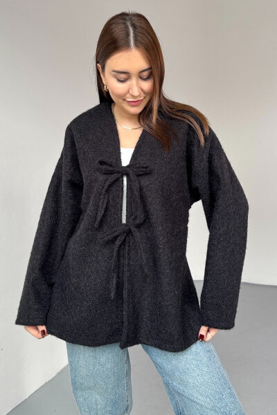 TRK-5316 Siyah Sakallı Kırçıllı Bağlama Detaylı Oversize Hırka 
